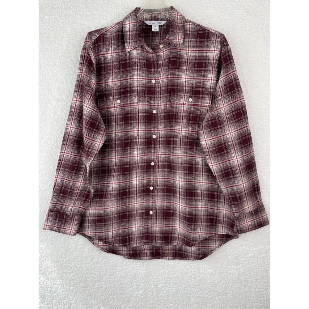 Old Navy The Boyfriend Shirt Womens M Burgundy Plaid‎ Cotton Button Down Flannel